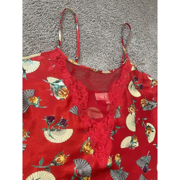 Vintage Sexy Red Satin 2-Piece Lingerie Set | Floral Print Cami Top Trim Panties - Picture 4 of 9